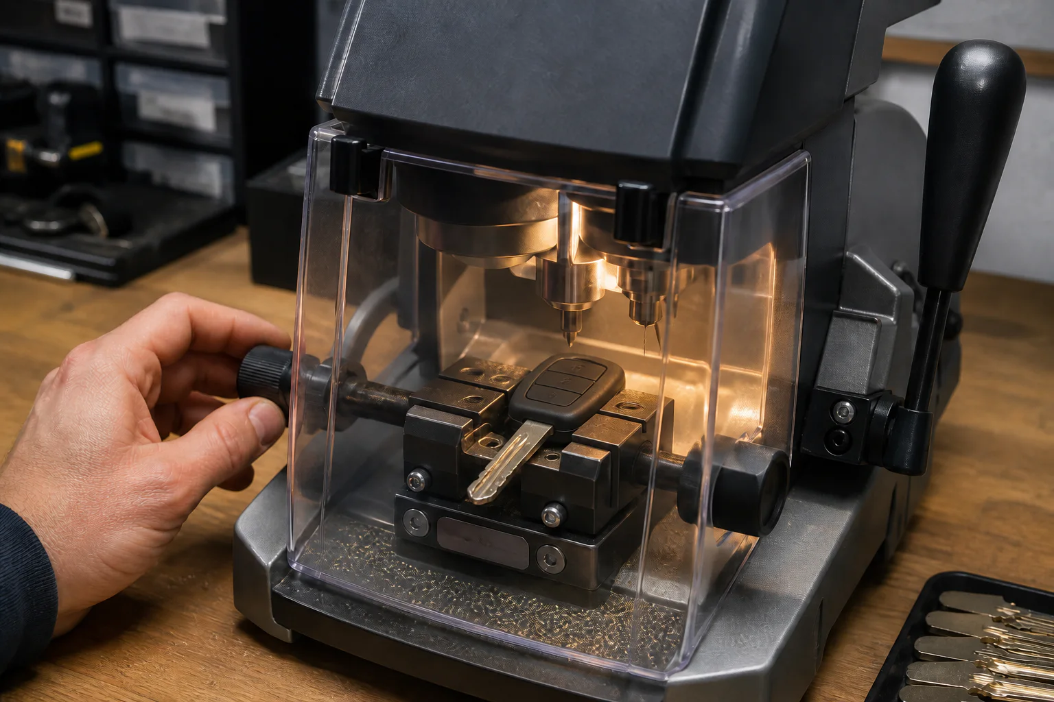 Autoschlüssel wird in einer geschützten Präzisionsmaschine gefräst