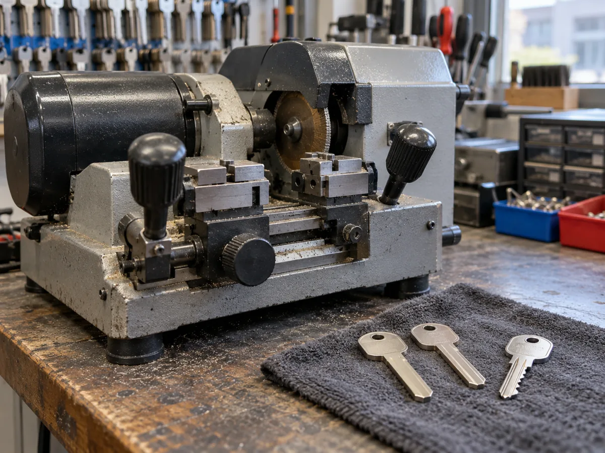 Schlüsselfräsmaschine und Schlüsselrohlinge in der Werkstatt