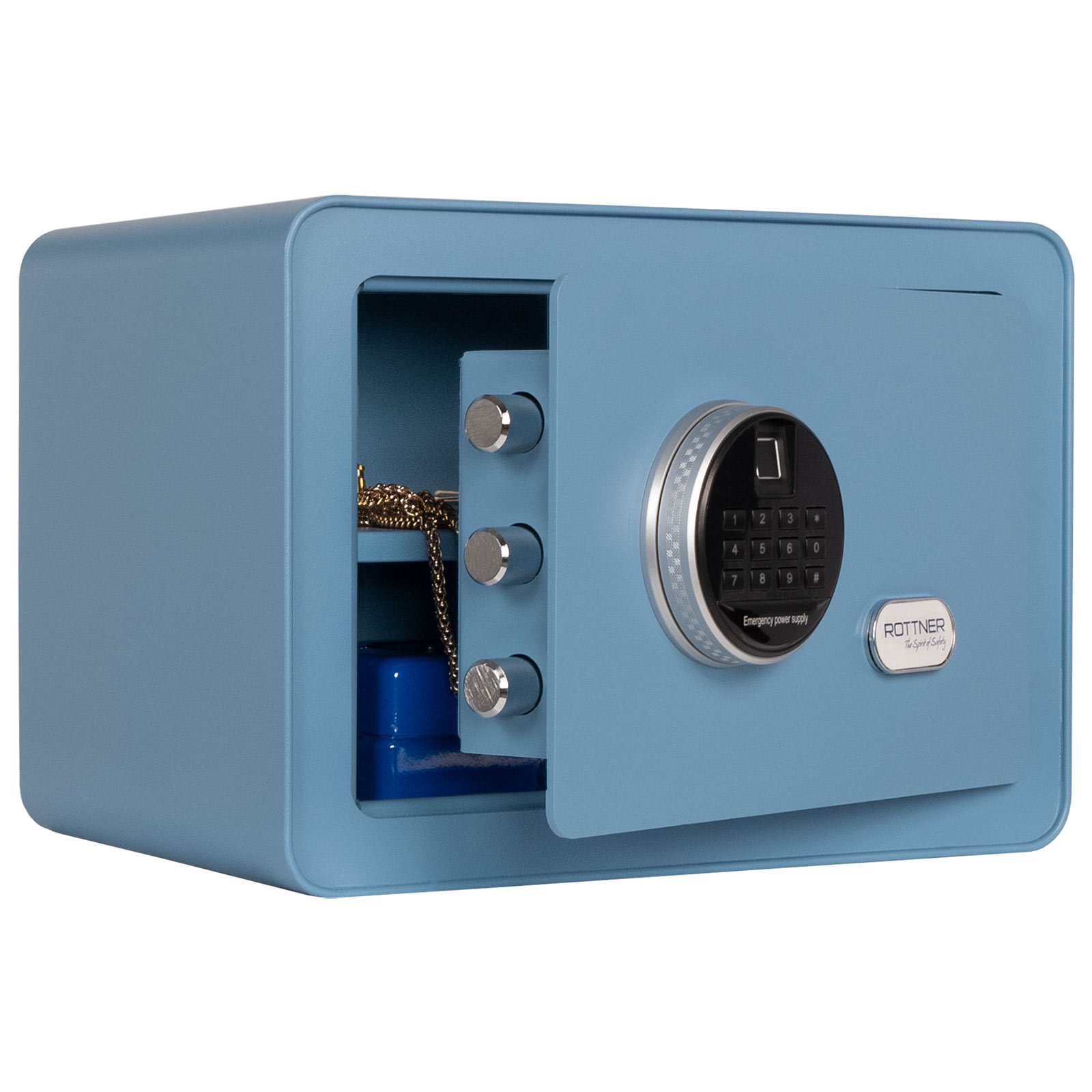 Geöffneter blauer Rottner Vintage Möbeltresor mit Innenfach