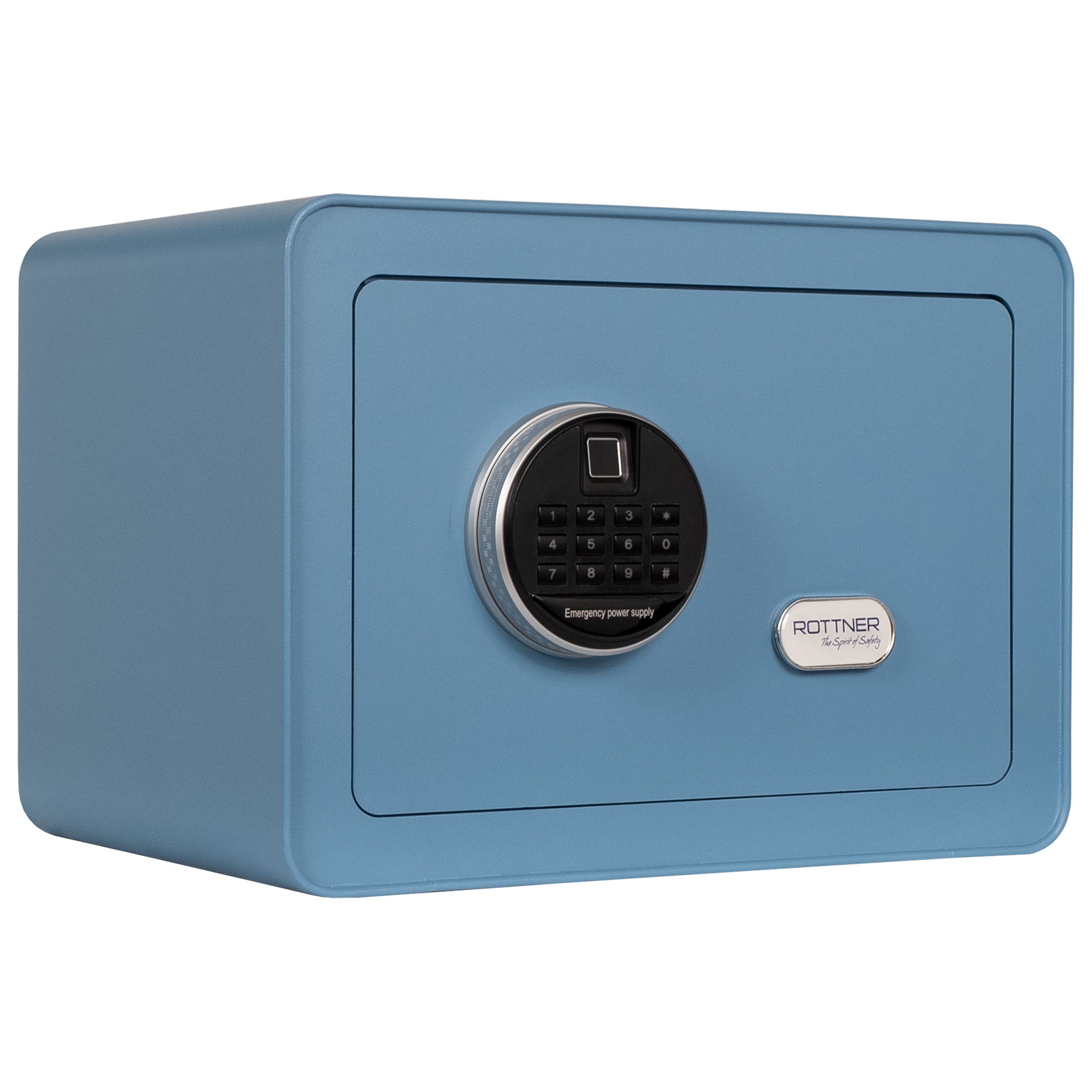 Blauer Rottner Vintage Möbeltresor mit Elektronikschloss und Fingerprint von vorne