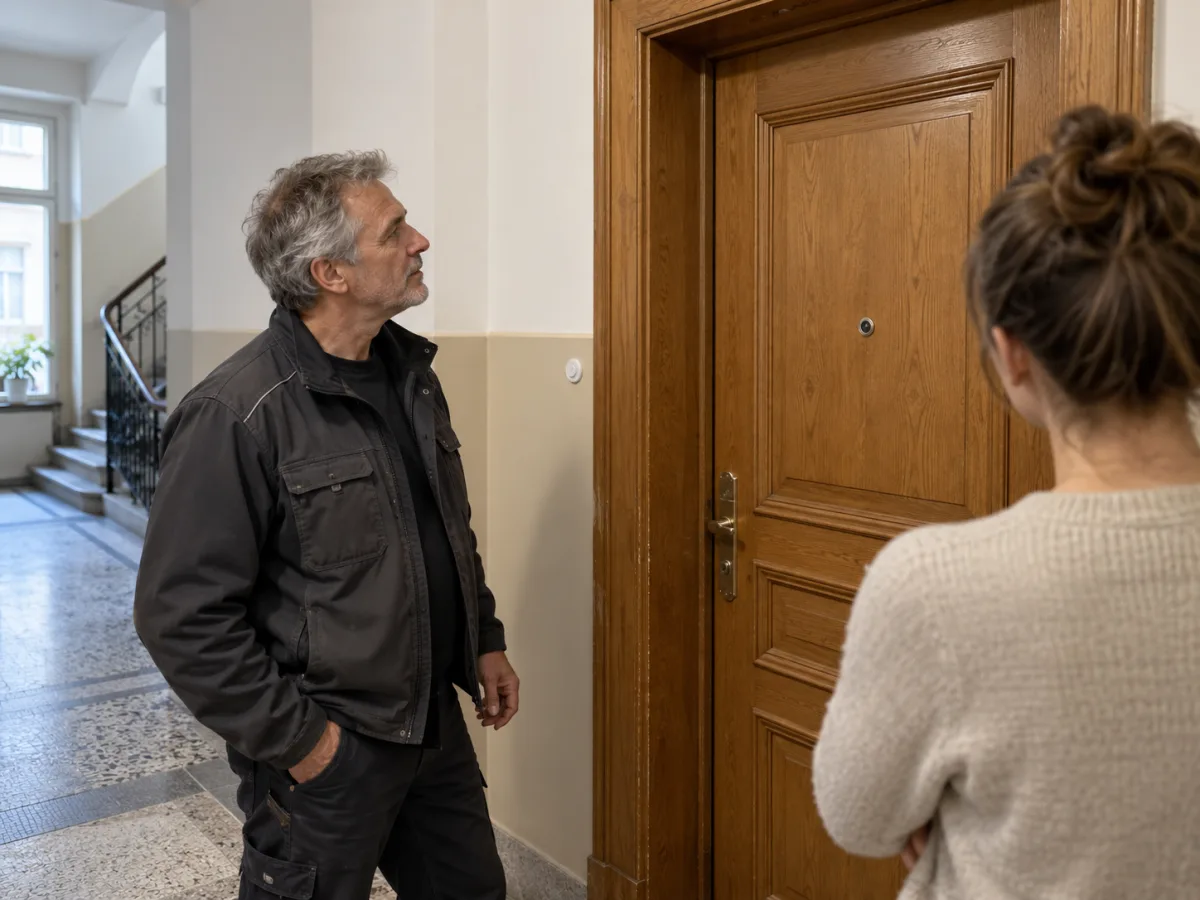 Techniker beurteilt eine Wohnungstür im Beisein der Bewohnerin